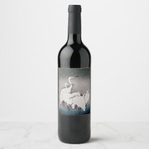 Japanese Egrets Cranes Bird Winter Snow Art Wine Label