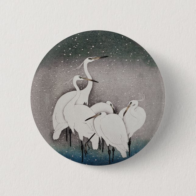 Japanese Egrets Koson Cranes Winter Snow 2 Inch Round Button (Front)