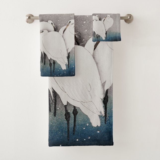 Japanese Egrets Koson Cranes Winter Snow Bath Towel Set (Insitu)