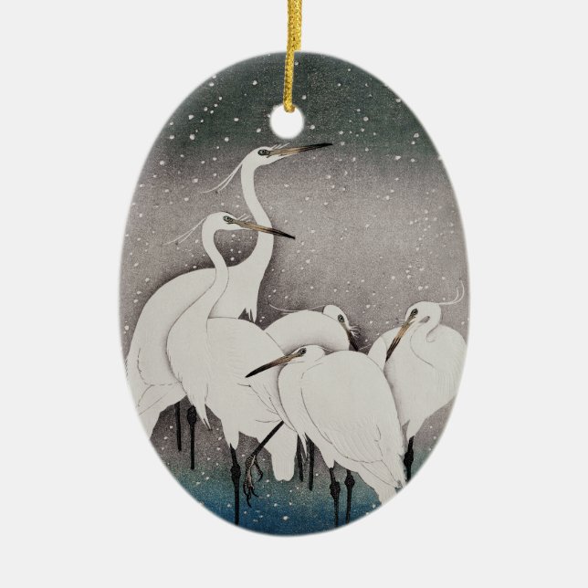 Japanese Egrets Koson Cranes Winter Snow Ceramic Ornament (Front)