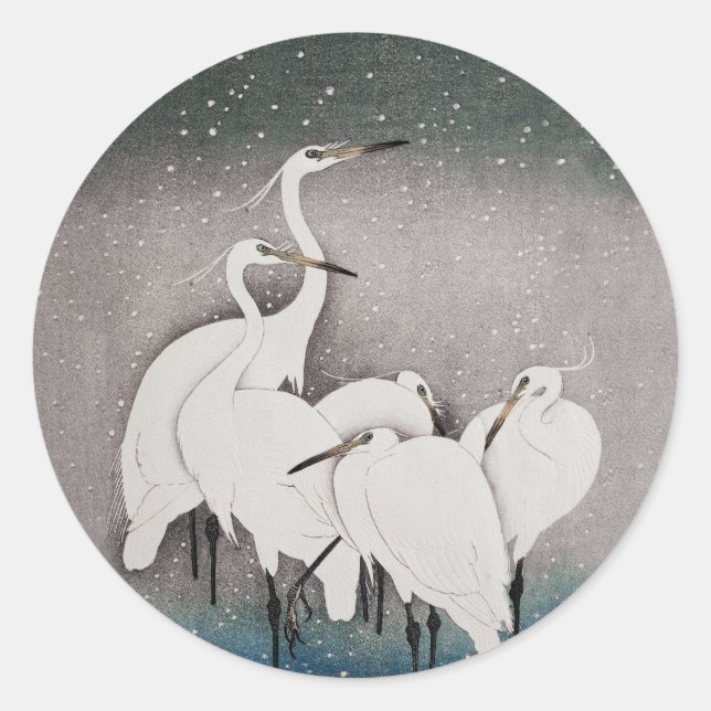 Japanese Egrets Koson Cranes Winter Snow Classic Round Sticker (Front)