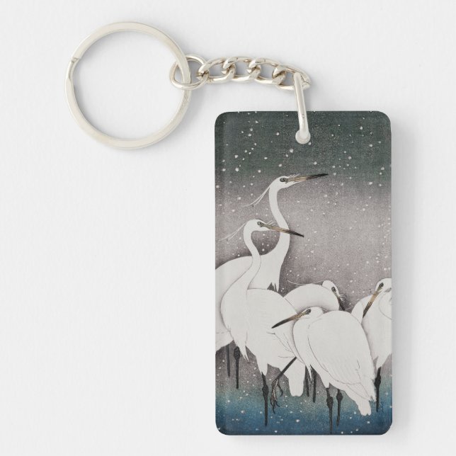 Japanese Egrets Koson Cranes Winter Snow Keychain (Front)