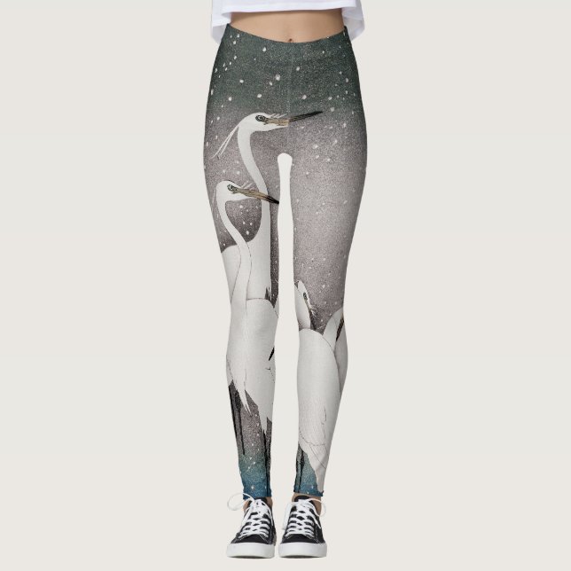 Japanese Egrets Koson Cranes Winter Snow Leggings (Front)