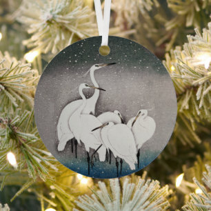 Japanese Egrets Koson Cranes Winter Snow Metal Ornament