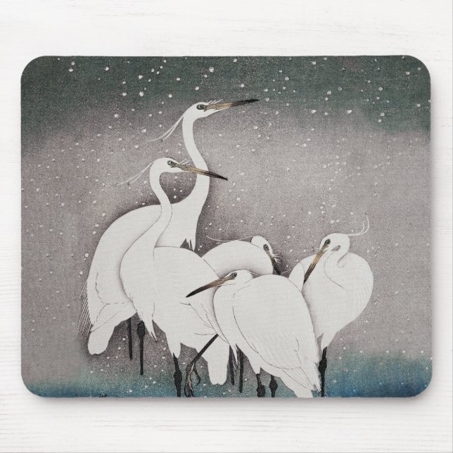 Japanese Egrets Koson Cranes Winter Snow Mouse Pad (Front)
