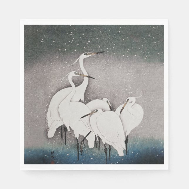 Japanese Egrets Koson Cranes Winter Snow Napkin (Front)