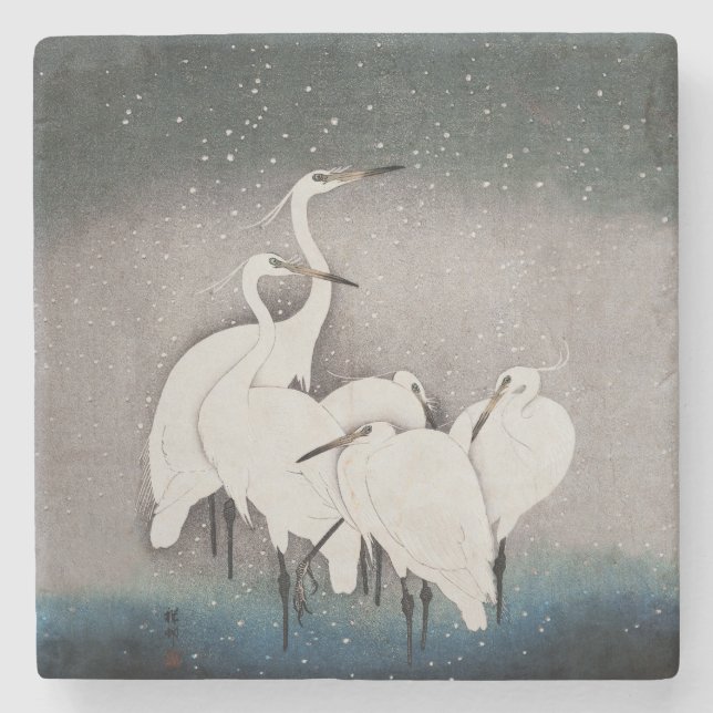 Japanese Egrets Koson Cranes Winter Snow Stone Coaster (Front)