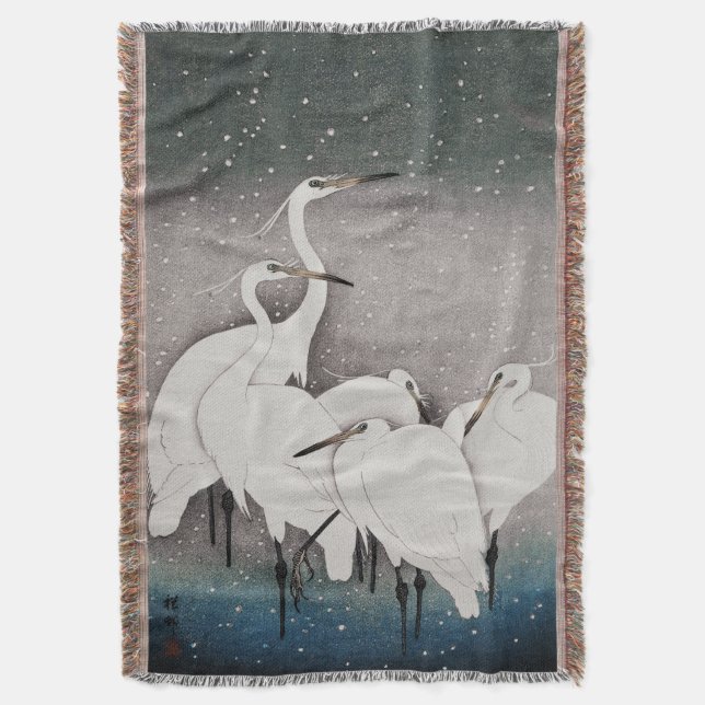 Japanese Egrets Koson Cranes Winter Snow Throw Blanket (Front Vertical)