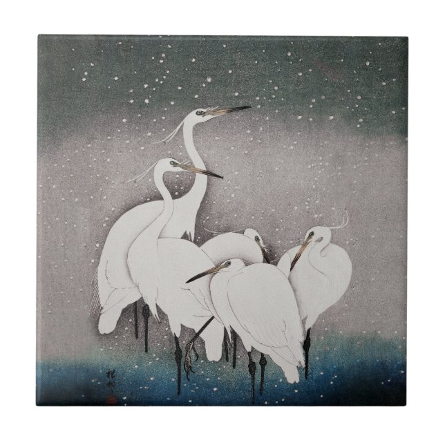 Japanese Egrets Koson Cranes Winter Snow Tile (Front)