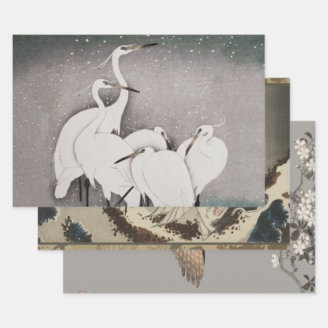 Japanese Egrets Koson Cranes Winter Snow Wrapping Paper Sheet (Set)