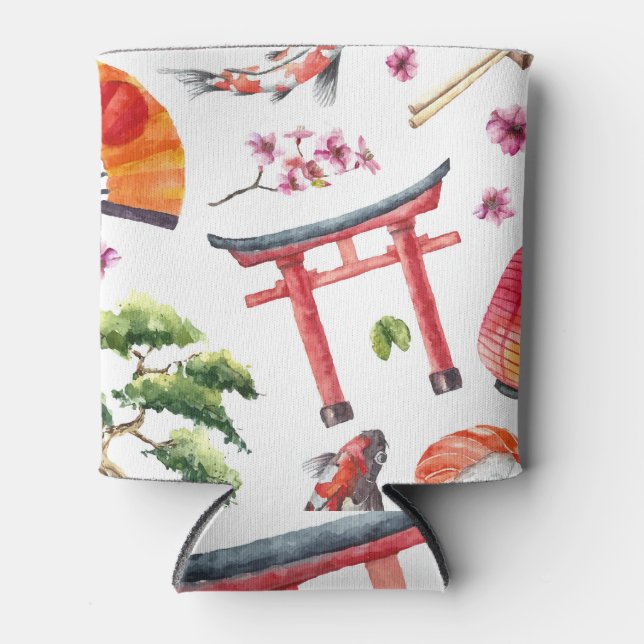 Japanese Elements Watercolor Seamless Texture Can Cooler (Front)