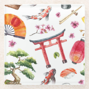 Japanese Elements Watercolor Seamless Texture Glass Coaster