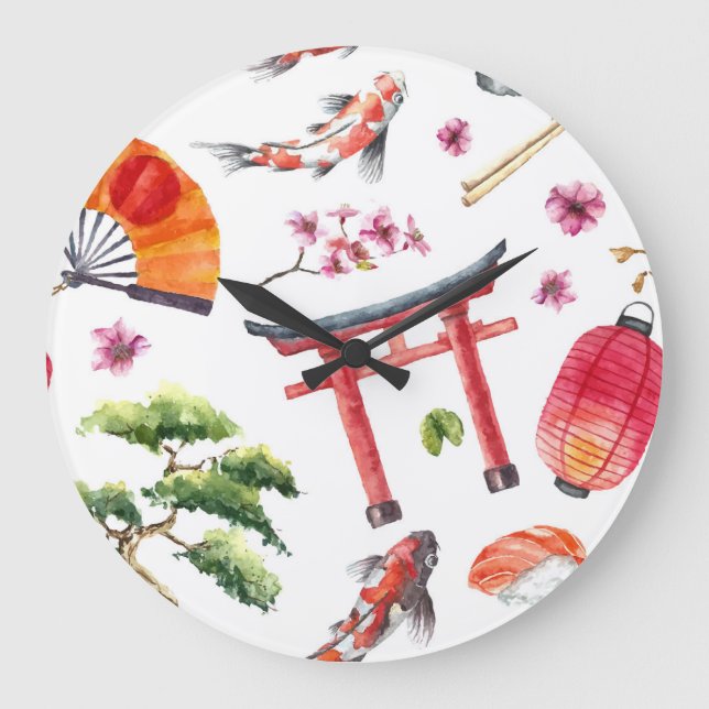 Japanese Elements Watercolor Seamless Texture Large Clock (Front)