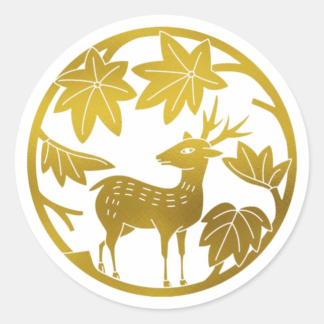 Japanese Family Crest-Japanese maple and deer Classic Round Sticker (Front)