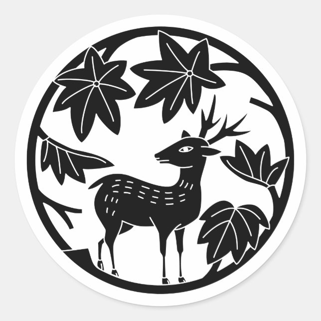 Japanese Family Crest-Japanese maple and deer Classic Round Sticker (Front)