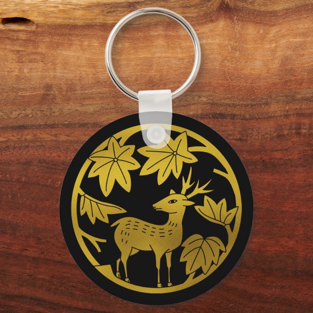 Japanese Family Crest-Japanese maple and deer Keychain (Front)