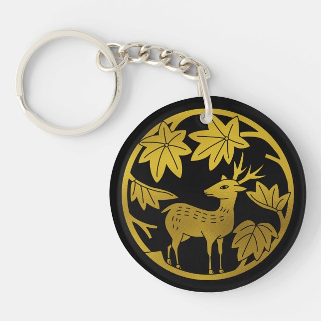 Japanese Family Crest-Japanese maple and deer Keychain (Front)