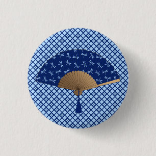 Japanese Fan, Dragonfly Pattern, Cobalt Blue 1 Inch Round Button