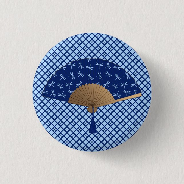 Japanese Fan, Dragonfly Pattern, Cobalt Blue 1 Inch Round Button (Front)
