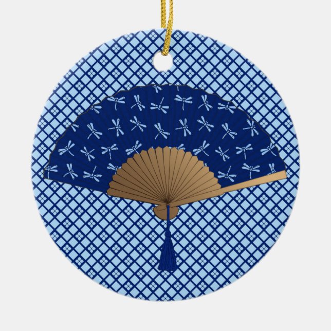Japanese Fan, Dragonfly Pattern, Cobalt Blue Ceramic Ornament (Front)