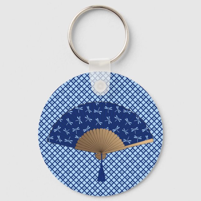Japanese Fan, Dragonfly Pattern, Cobalt Blue Keychain (Front)