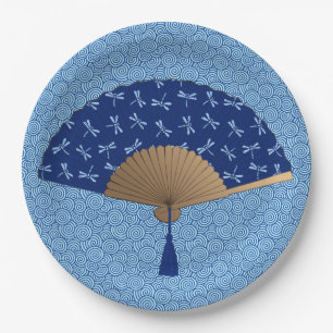 Japanese Fan, Dragonfly Pattern, Cobalt Blue Paper Plate