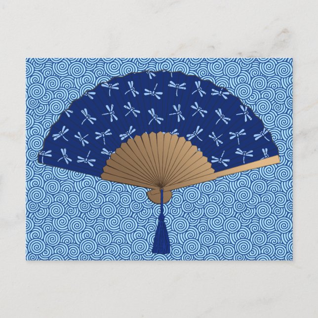Japanese Fan, Dragonfly Pattern, Cobalt Blue Postcard (Front)