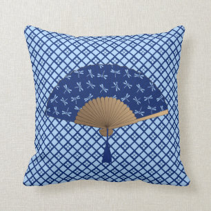 Japanese Fan, Dragonfly Pattern, Cobalt Blue Throw Pillow