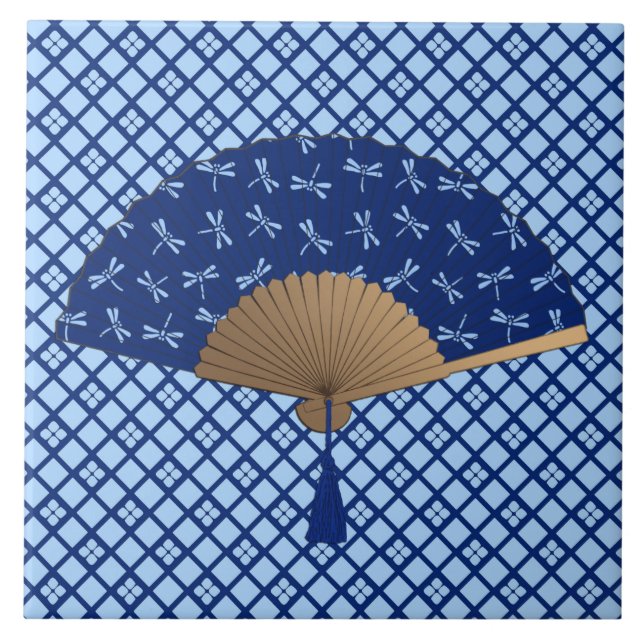 Japanese Fan, Dragonfly Pattern, Cobalt Blue Tile (Front)