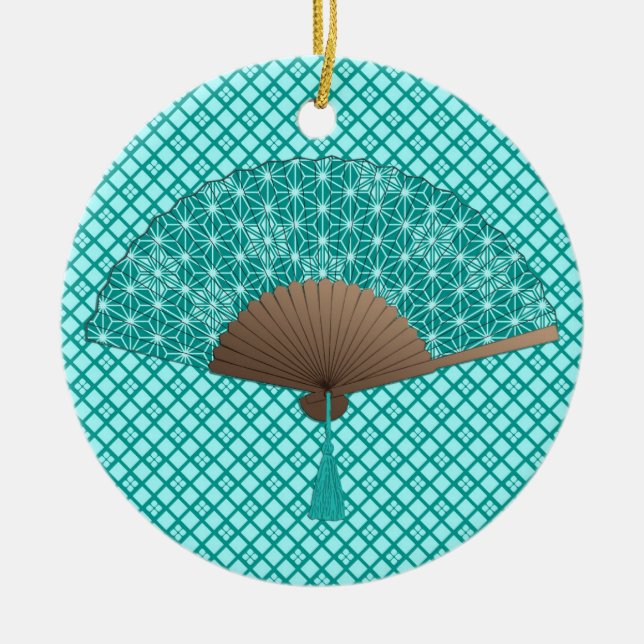 Japanese Fan in Asanoha pattern, Turquoise Ceramic Ornament (Front)