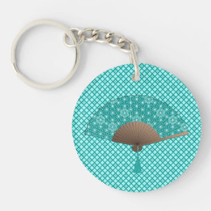 Japanese Fan in Asanoha pattern, Turquoise Keychai Keychain