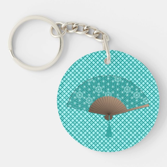 Japanese Fan in Asanoha pattern, Turquoise Keychai Keychain (Front)