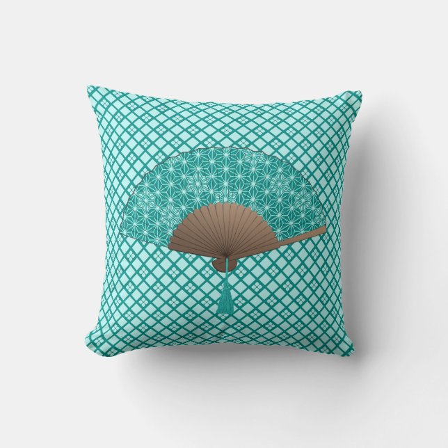 Japanese Fan in Asanoha pattern, Turquoise Throw Pillow (Front)