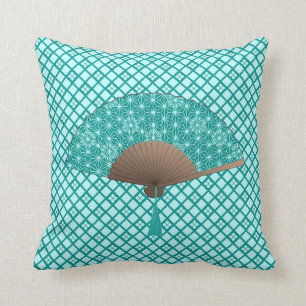 Japanese Fan in Asanoha pattern, Turquoise Throw Pillow