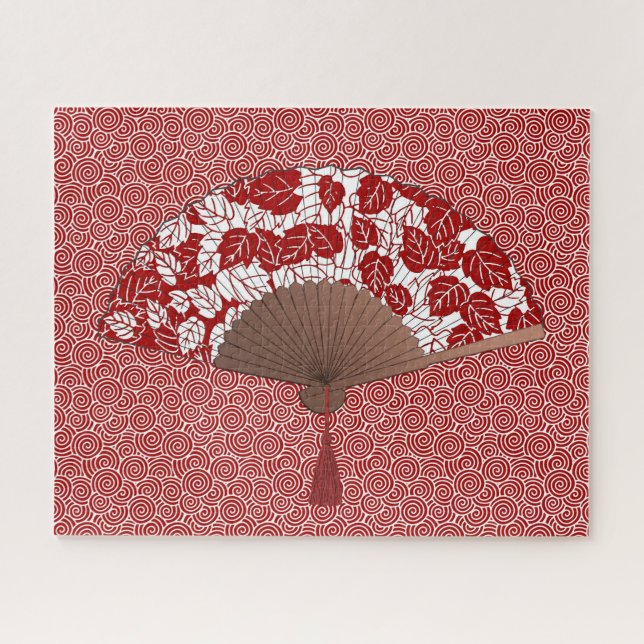Japanese Fan in Leaf Print, Dark Red and White Jigsaw Puzzle (Horizontal)