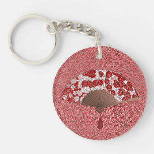 Japanese Fan in Leaf Print, Dark Red and White Key Keychain