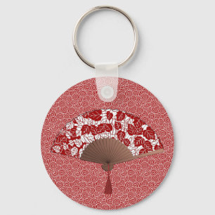 Japanese Fan in Leaf Print, Dark Red and White Key Keychain