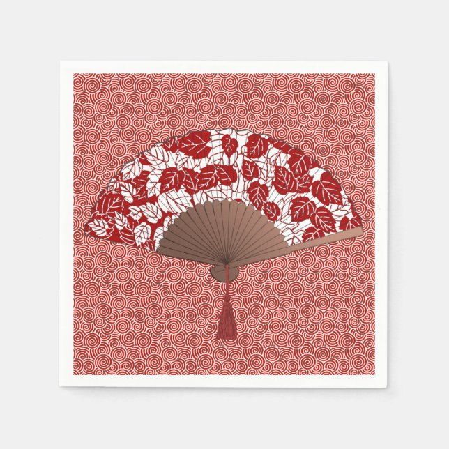 Japanese Fan in Leaf Print, Dark Red and White Napkin (Front)
