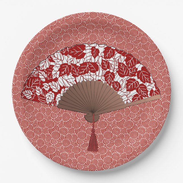 Japanese Fan in Leaf Print, Dark Red and White Paper Plate (Front)