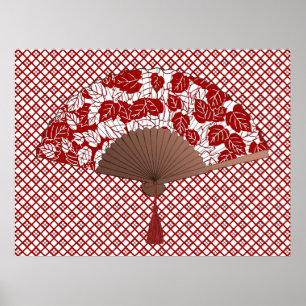 Japanese Fan in Leaf Print, Dark Red and White Poster