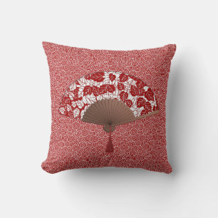Japanese Fan in Leaf Print, Dark Red and White Throw Pillow