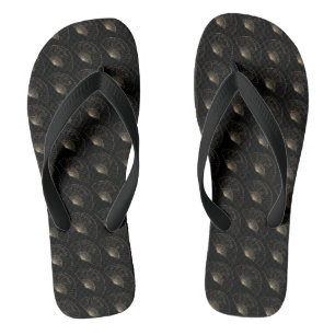 Japanese Fan Pattern Gold Japanese Line Art Black Flip Flops