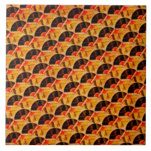 Japanese Fan Pattern Red Black and Gold Tile