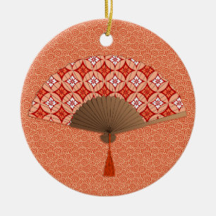 Japanese Fan, Shippo Motif, Mandarin Orange Ceramic Ornament