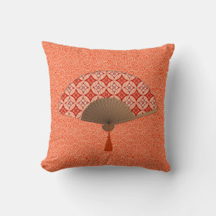 Japanese Fan, Shippo Motif, Mandarin Orange Throw Pillow