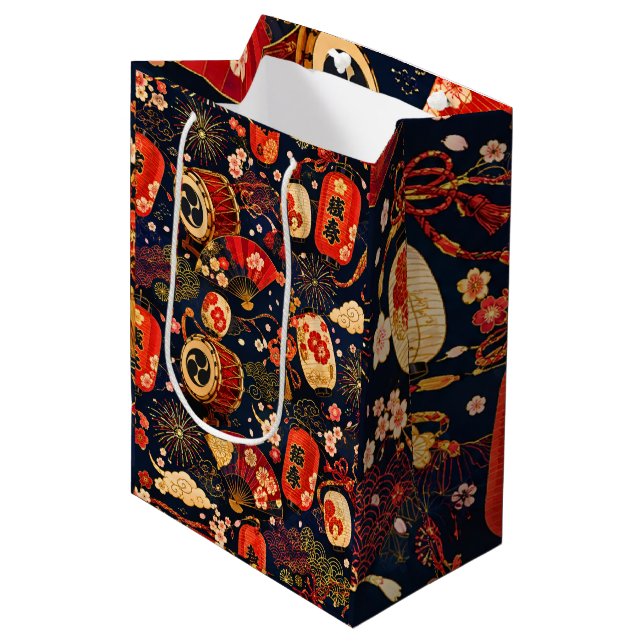 Japanese Festival Seamless Pattern with Lanterns,  Medium Gift Bag (Front Angled)