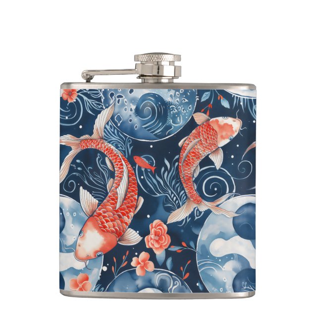 Japanese Fish In Watercolor Hip Flask (Front)