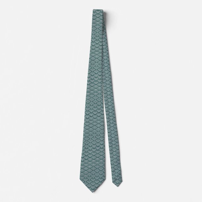 Japanese Fish Scale Pattern - Dark Green on White Tie (Front)