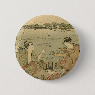 Japanese Fishing Woodblock Fishermen 2 Inch Round Button