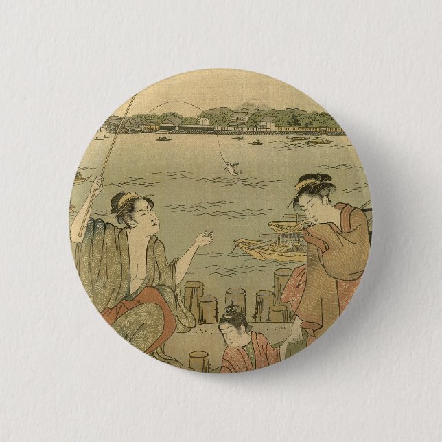 Japanese Fishing Woodblock Fishermen 2 Inch Round Button (Front)